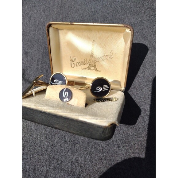 Vintage Continental Hand Engraved Men's Gold & Black Cufflinks Set - Cuff Links - Picture 1 of 5